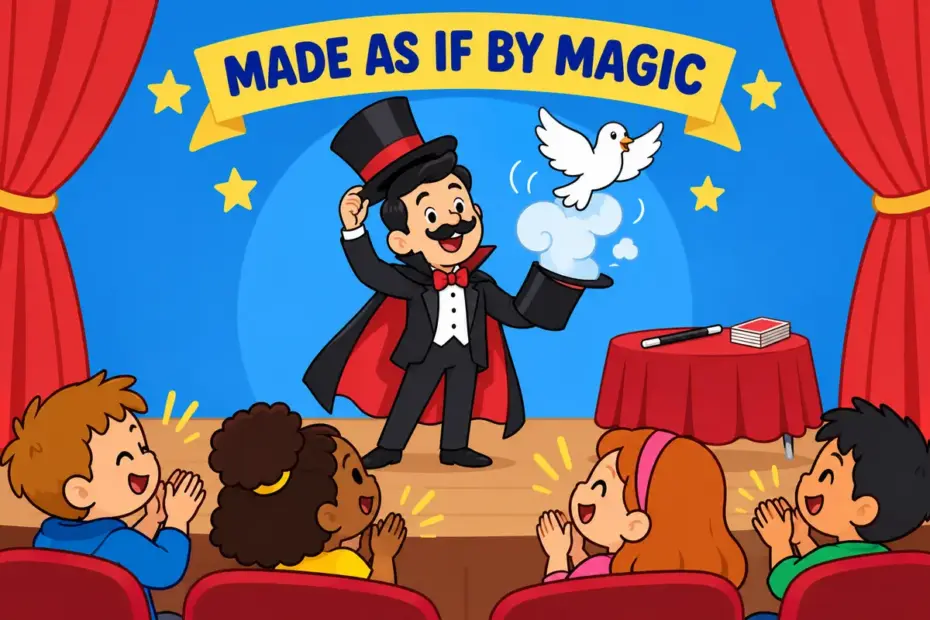 A cartoon magician makes a dove appear from a hat, illustrating conjure in a sentence as producing something by magic.