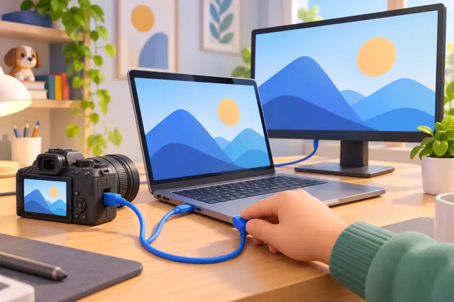 A cable links a camera, laptop, and monitor on a desk.