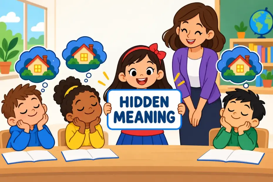 Cartoon pupils point at a word card about a home, showing connote in a sentence as an implied feeling.