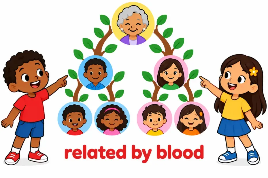 Cartoon cousins point to two branches of a family tree that meet at one ancestor, illustrating consanguinity in a sentence.