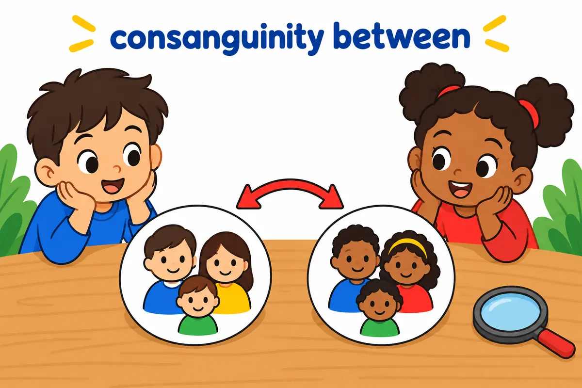 A cartoon bridge labelled by a simple two-way arrow connects two family group cards to show consanguinity between them.