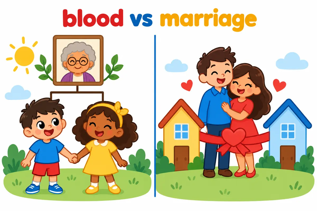 A cartoon split scene shows two children sharing a family tree on the left and a bride and groom linking two families on the right.