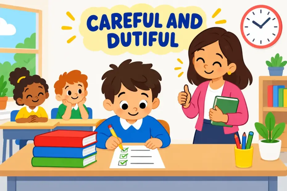 Cartoon pupil neatly labels her books and ticks a list, showing conscientious in a sentence as careful, dutiful work.