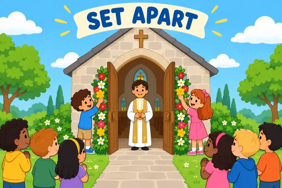 Cartoon children watch a small chapel doorway being decorated with flowers, showing consecrate in a sentence as setting a place apart.