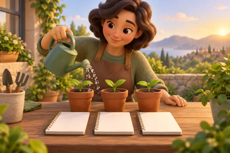 A learner follows a daily seedling-watering routine.
