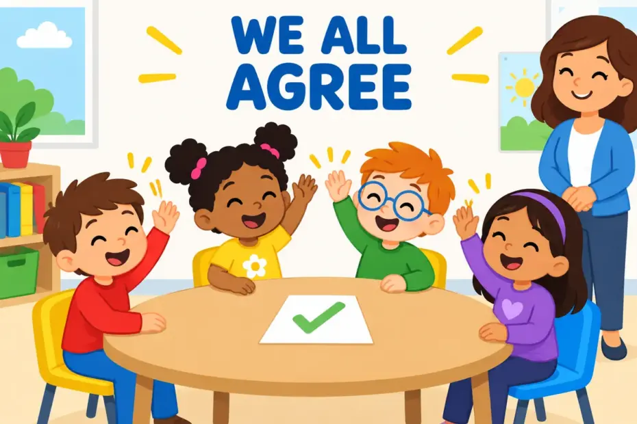 Cartoon classmates nod together around one table, showing consensus in a sentence as a shared group agreement.
