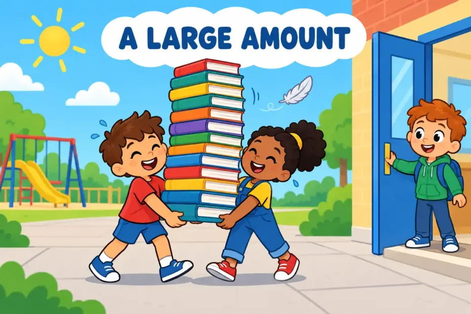 Cartoon children carry a heavy stack of books, showing considerable in a sentence as a large, noteworthy amount.