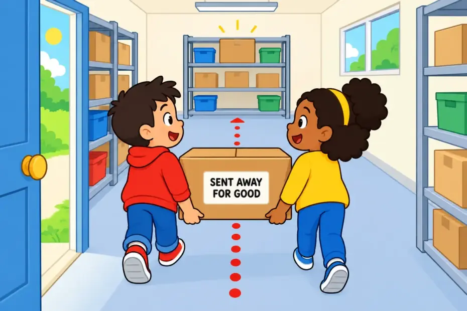 Cartoon children send a box down a long path to a distant shelf, illustrating consign in a sentence as sending something away.