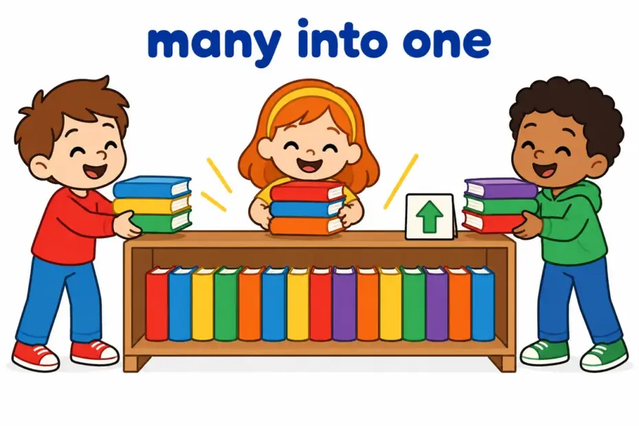 Cartoon pupils carry boxes of books toward one large shelf, showing consolidate in a sentence as many things joined into one.