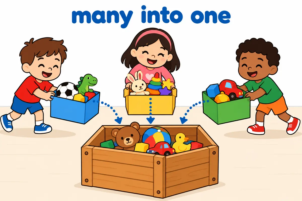 A cartoon child gathers three separate boxes of toys and slides them into one large labelled crate.