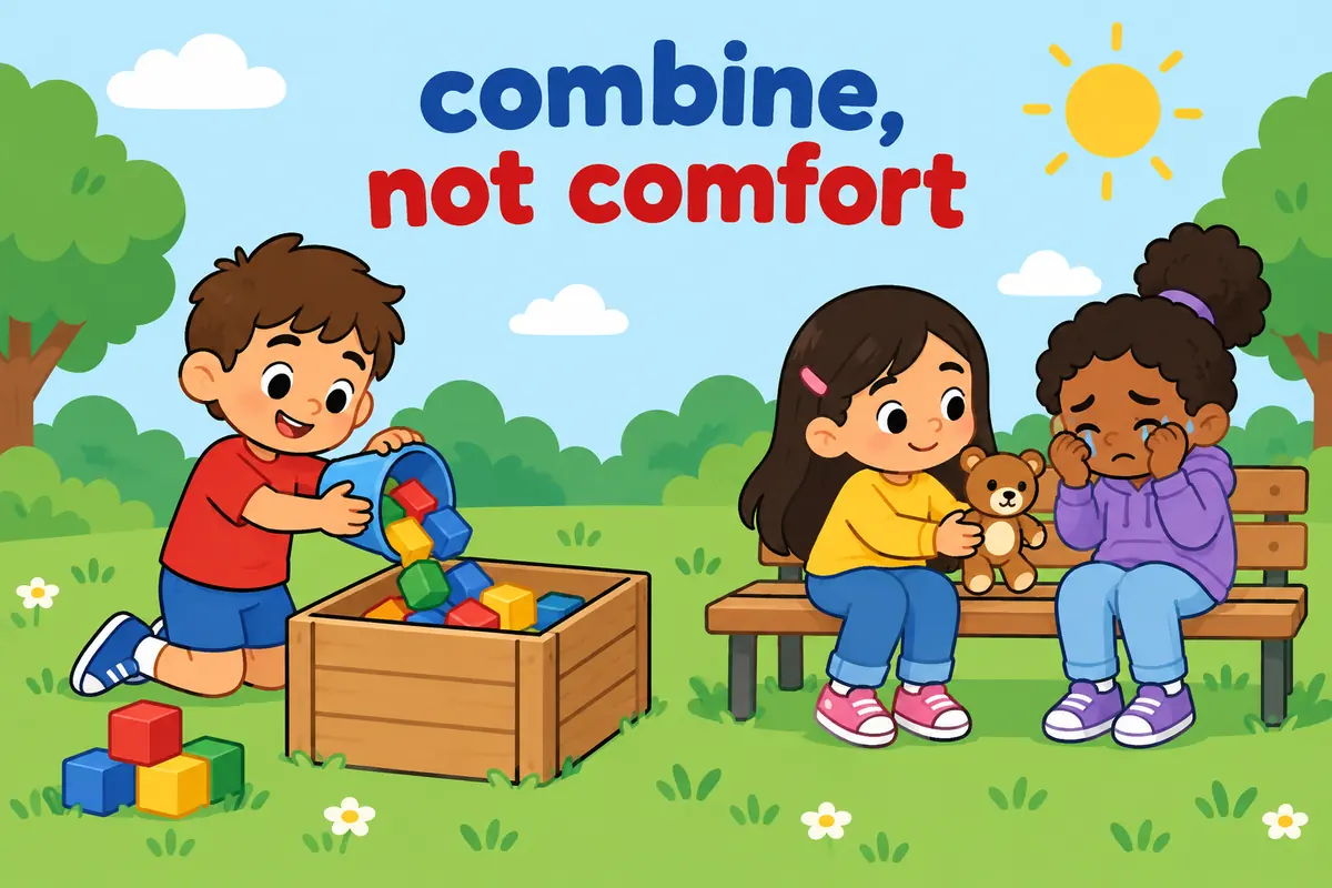 A cartoon single scene shows one child combining two piles of blocks into a crate while another comforts a sad friend on a bench.