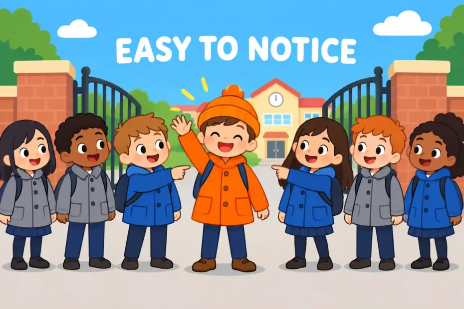Cartoon children spot one bright orange coat in a grey crowd, showing conspicuous in a sentence as easily noticed.