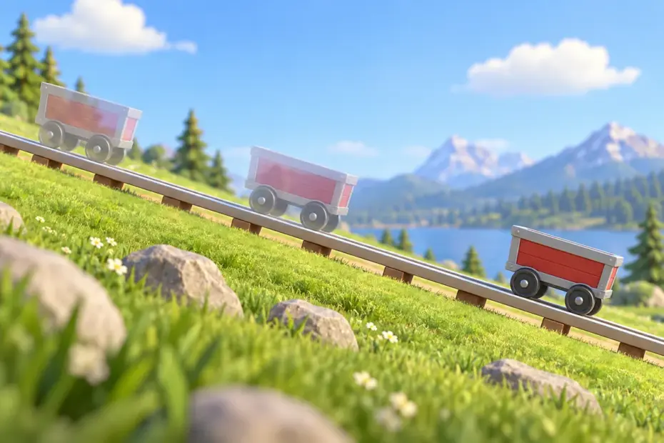 A small cart rolls down a track, with its positions farther apart at equal time steps.