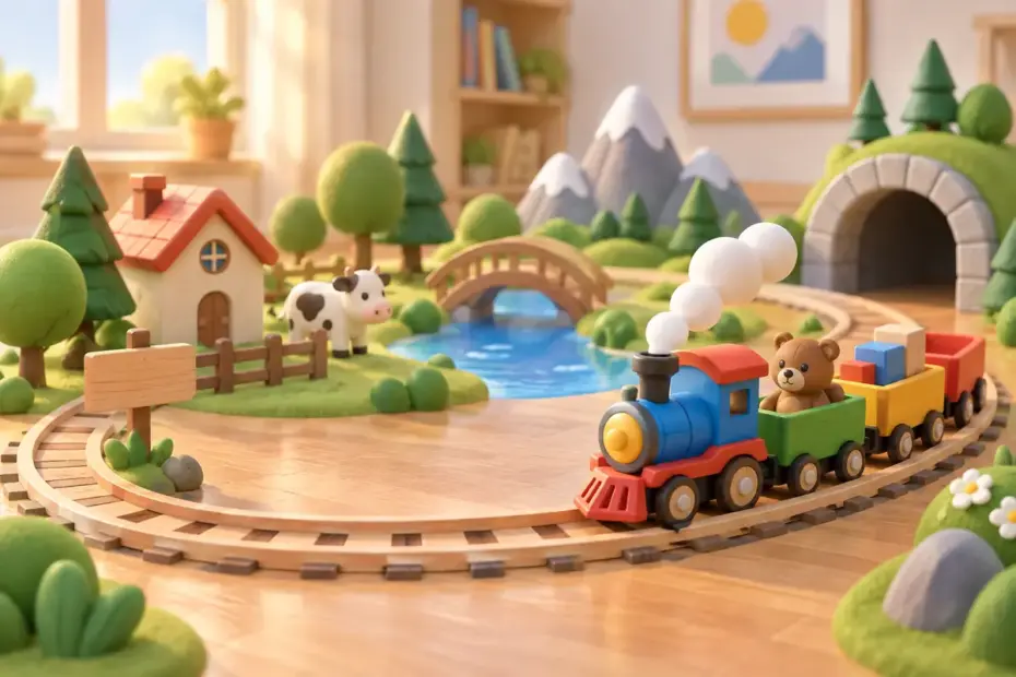 A toy train moves steadily around an oval track.