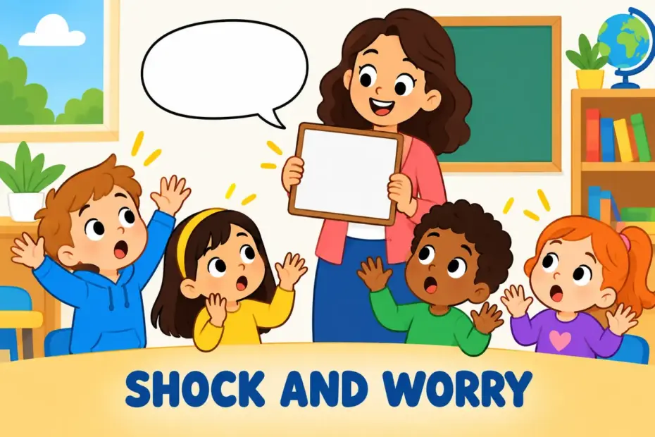Cartoon pupils gasp and look at one another after a notice appears, showing consternation in a sentence as shared shock and worry.