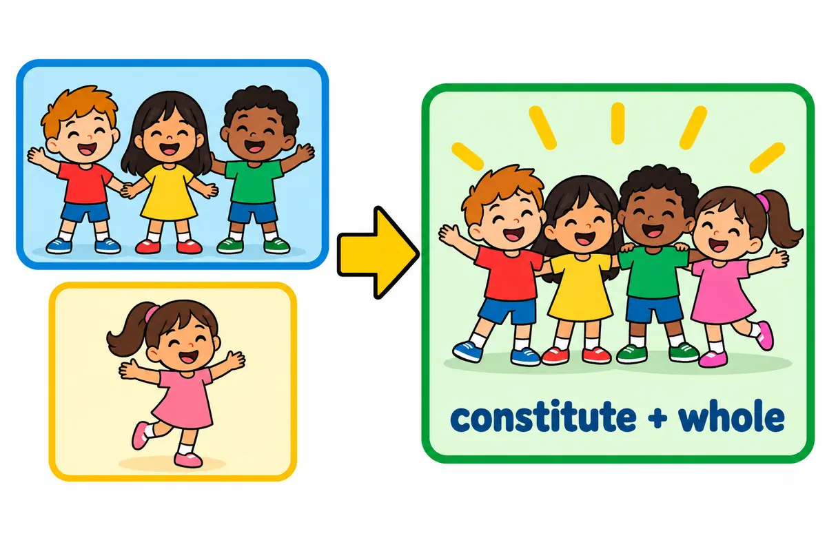 A cartoon arrow leads from two small picture cards on the left to one large card on the right, showing the constitute pattern.