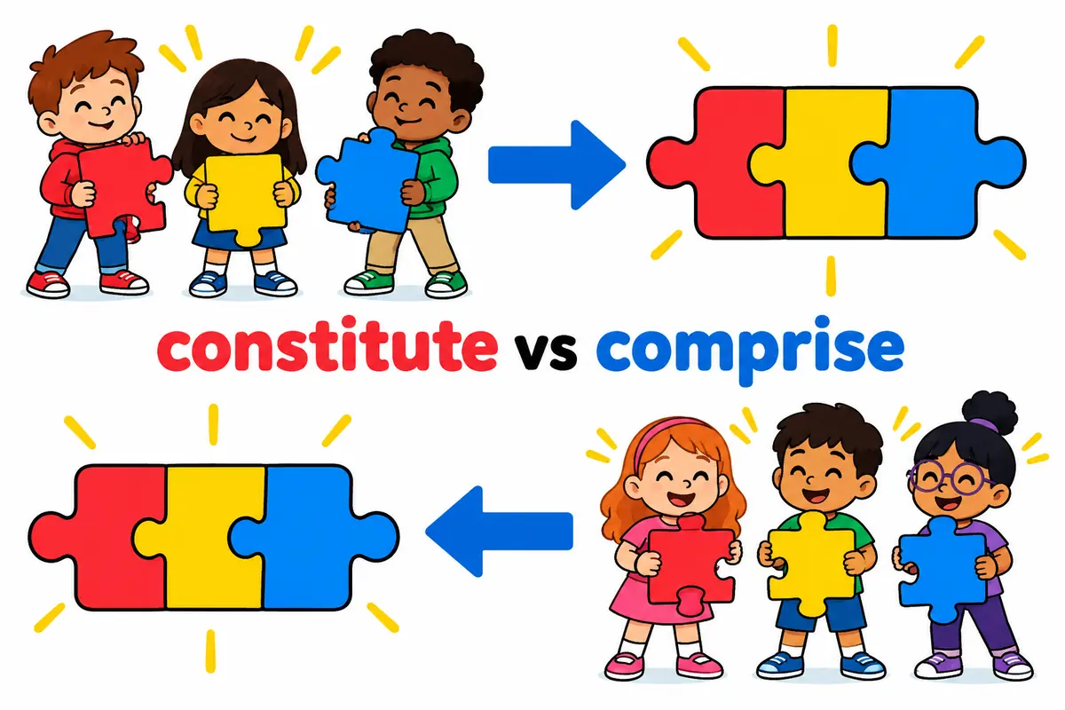 A cartoon left-to-right arrow and a right-to-left arrow compare constitute and comprise.