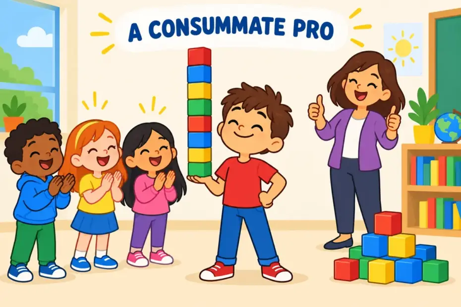 Cartoon children applaud a classmate balancing a tall block tower, showing consummate in a sentence as supreme skill.