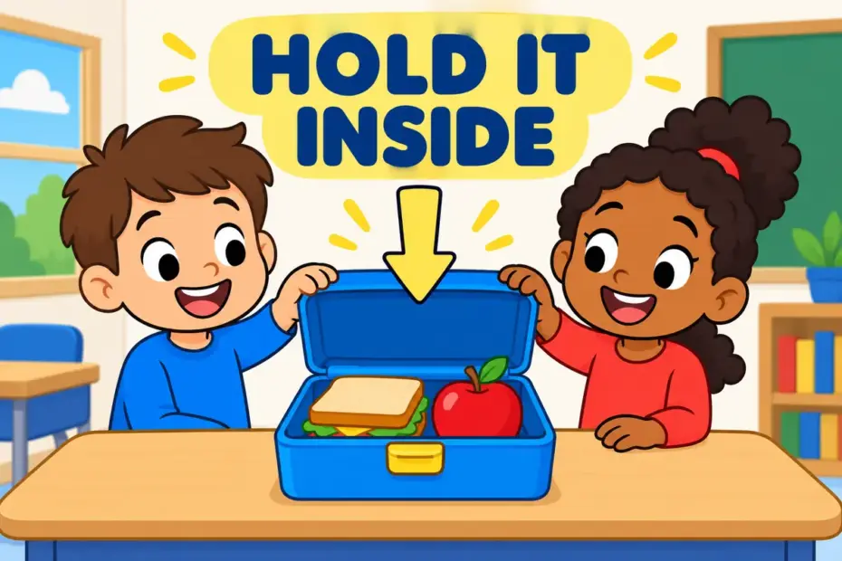 Cartoon children open a sturdy lunchbox, showing contain in a sentence as holding something safely inside.