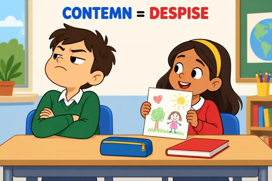 Two cartoon children at a desk show contemn in a sentence, one turning away with a cold look from a drawing another holds up.