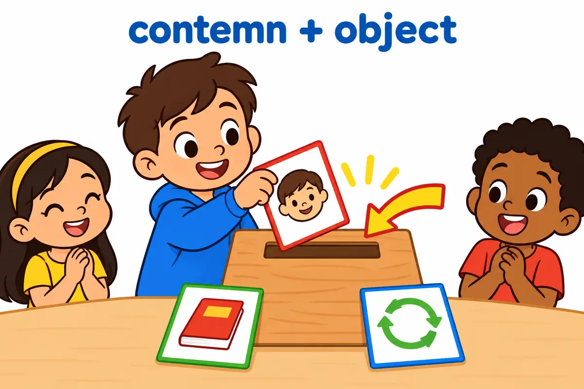 Three cartoon picture cards showing a face, a rulebook and a habit slide into one slot after the verb contemn.