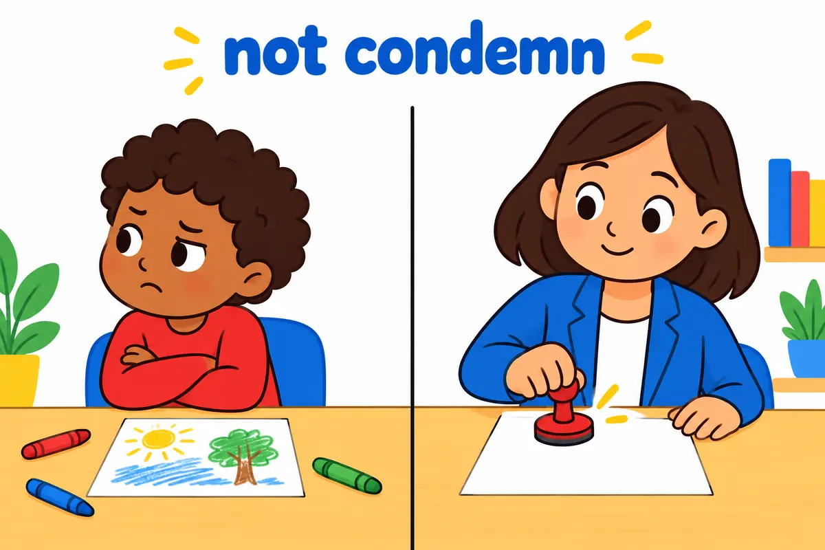 A split cartoon contrasts a scowling child judging a drawing with a calm official stamping a document.