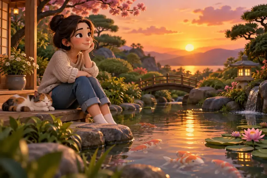 A person sits thoughtfully beside a garden pond at sunset.
