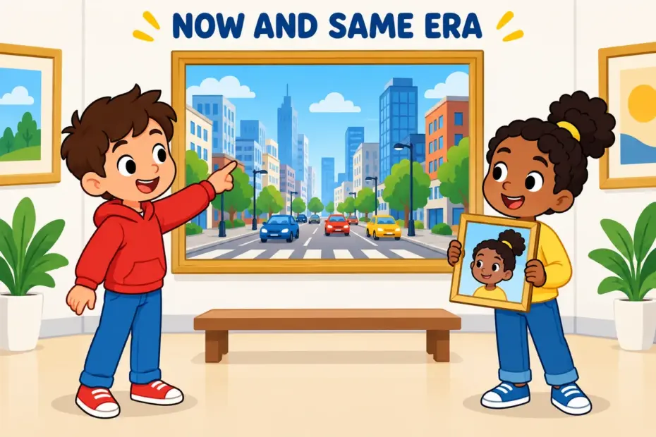 Cartoon children at a modern gallery beside a same-age friend's portrait, showing contemporary in a sentence as present-day and same-period.