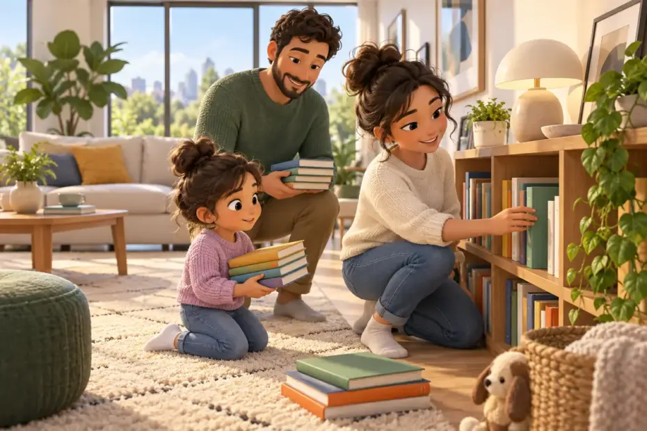 A family arranges books in a bright contemporary living room.