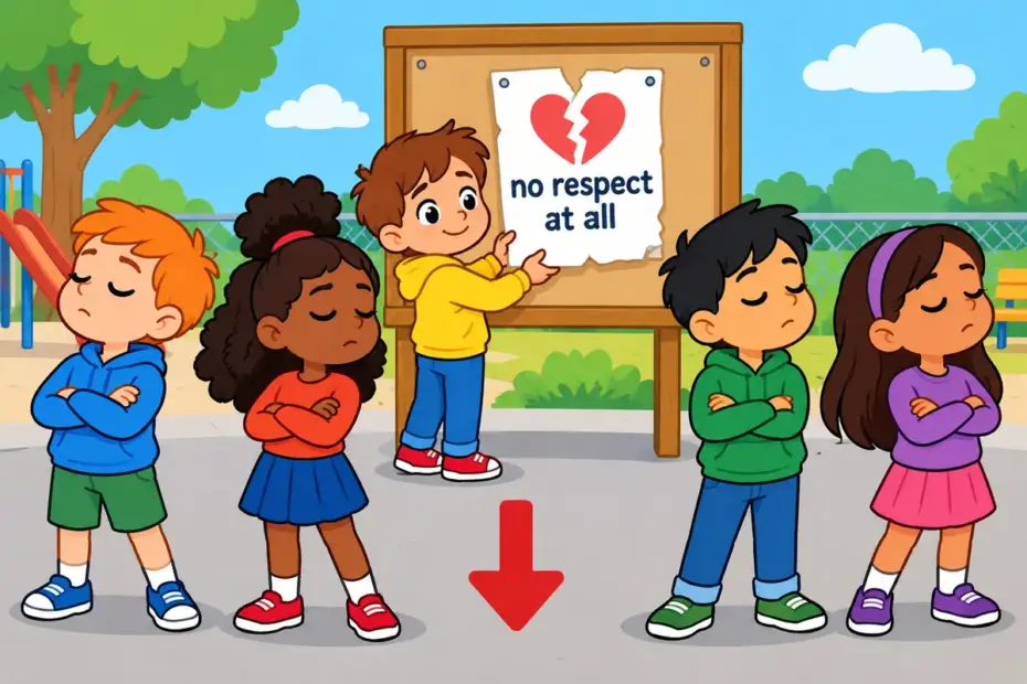 Cartoon children turn away with cold faces from a broken promise poster, showing contempt in a sentence as a refusal to respect.