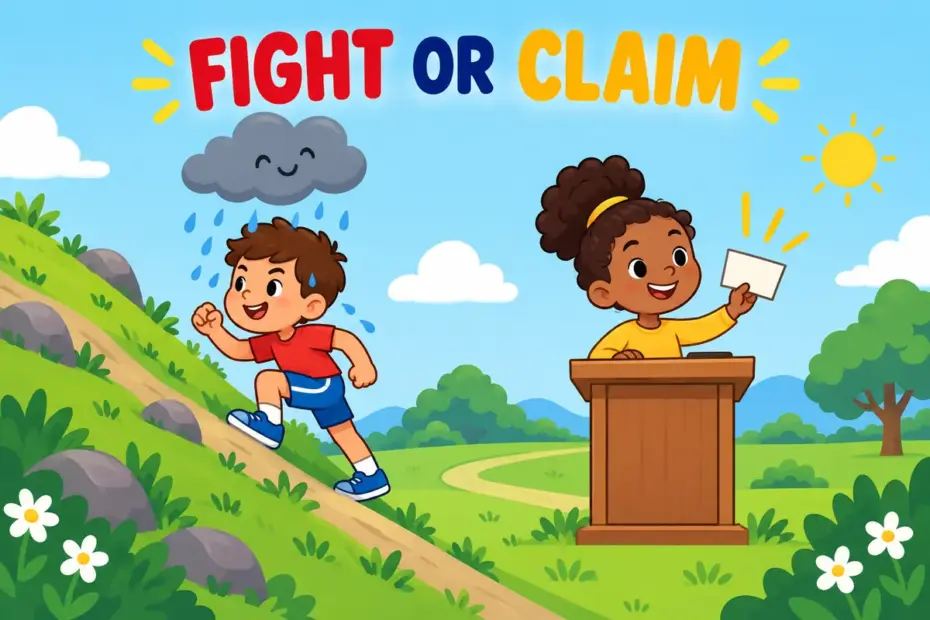 A cartoon athlete struggles up a hill beside a child holding a debate sign, showing contend in a sentence.