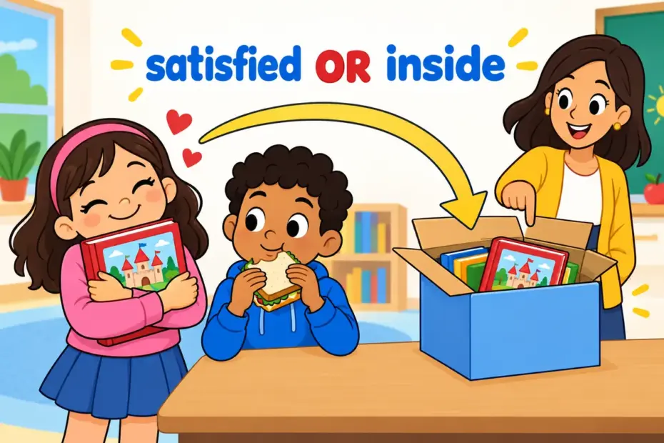 Cartoon pupils hold a snack and a storybook, illustrating content in a sentence as both satisfied and the material inside.