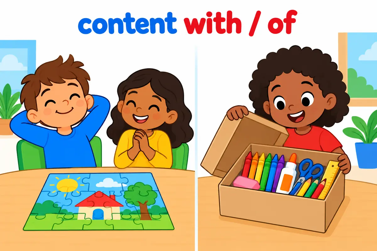 A split cartoon shows a relaxed child beside a puzzle and another opening a box of art supplies under “content with / of”.
