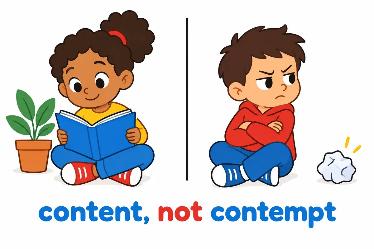 A cartoon split scene contrasts a calm child holding a book with a scowling child turning away from a crumpled note.
