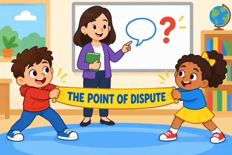 Cartoon children tug gently at opposite ends of a banner, showing contention in a sentence as a disputed point.