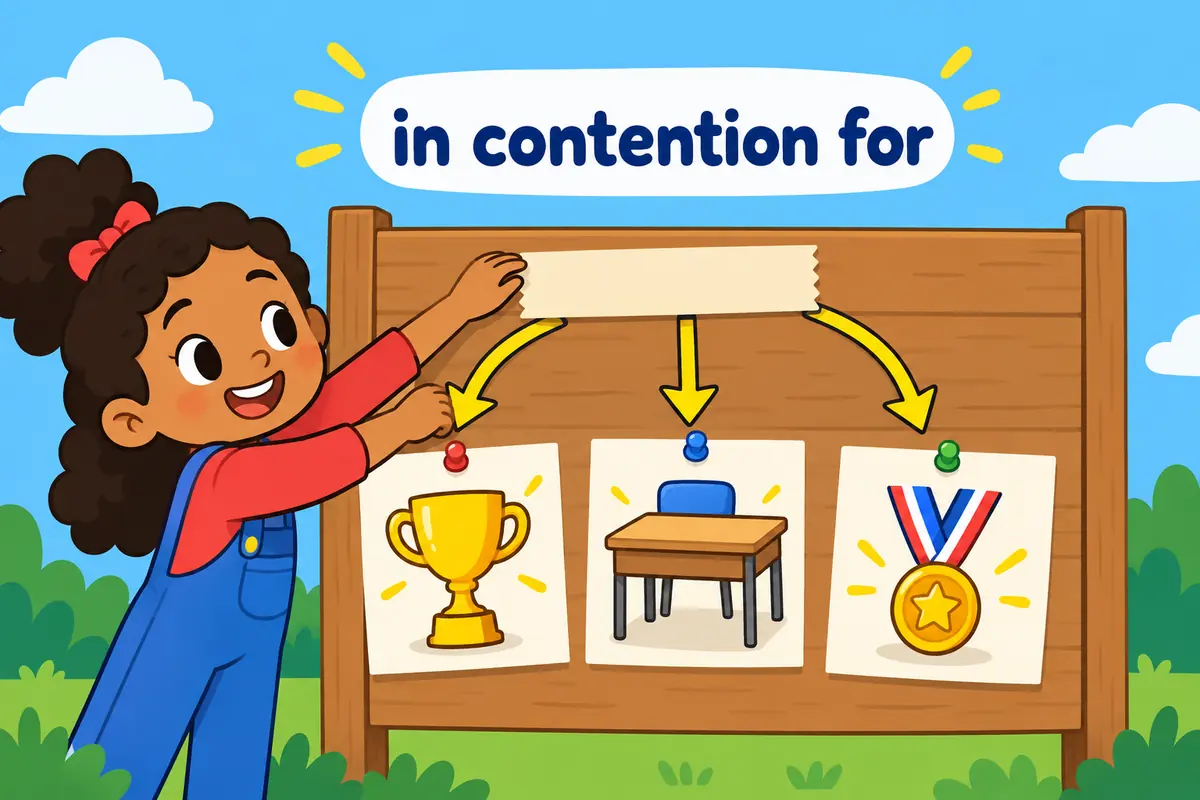 A cartoon arrow links picture cards of a trophy, a post and a medal, illustrating the pattern in contention for.