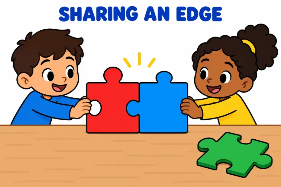 Cartoon children fit together two puzzle pieces with a shared edge, illustrating contiguous in a sentence.