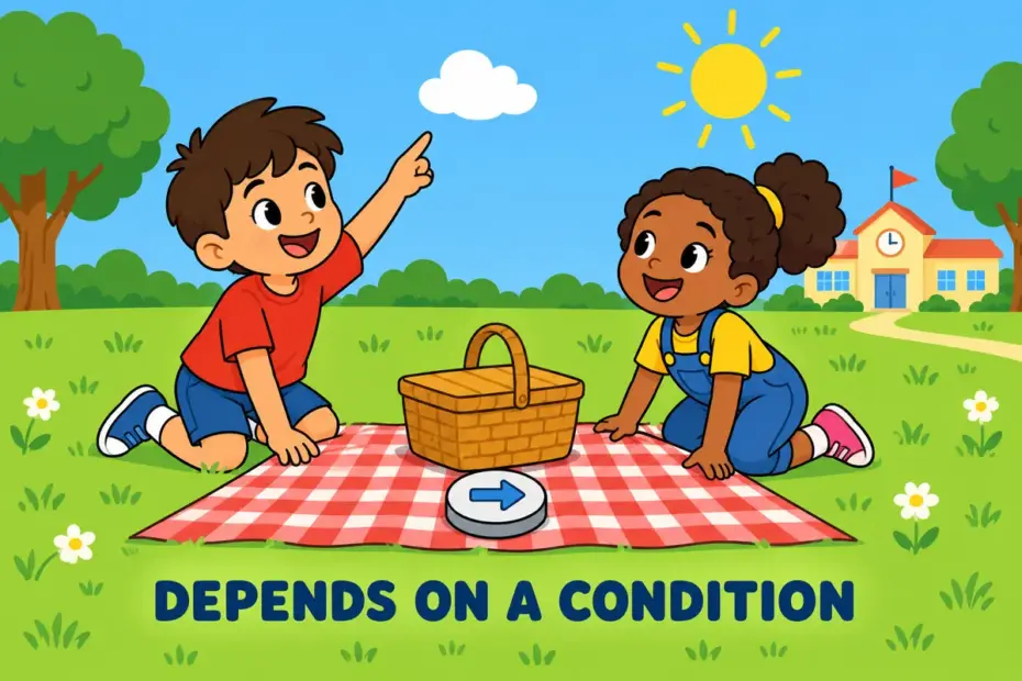 Cartoon children plan a picnic while watching a single cloud, showing contingent in a sentence as depending on a condition.