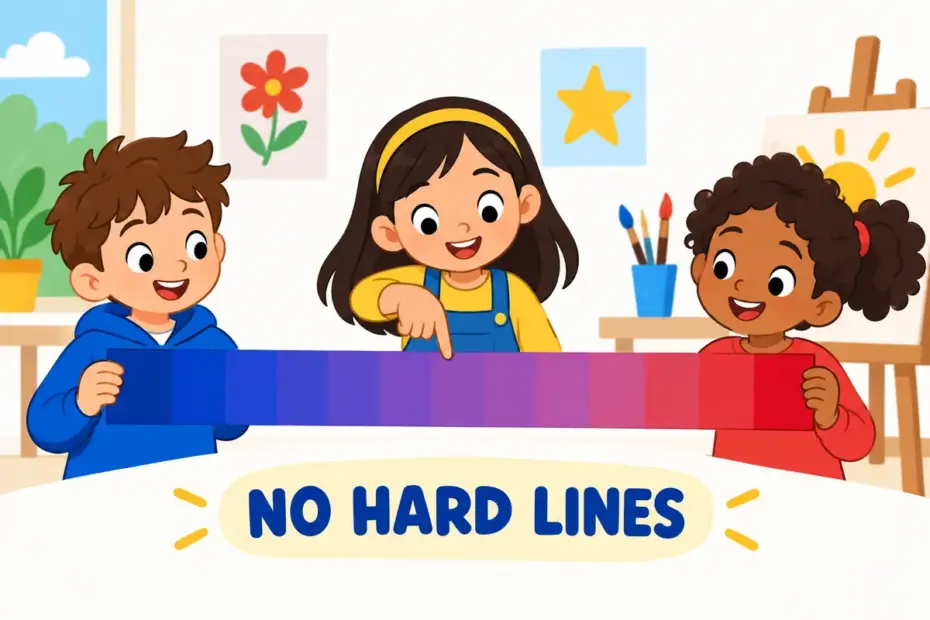 Cartoon children hold a long paint strip that shades from blue to red, showing continuum in a sentence as a smooth, unbroken range.