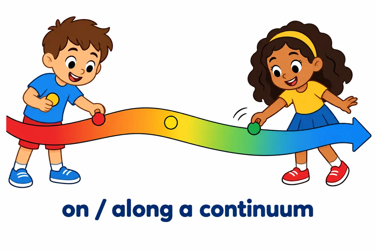 Cartoon markers sit at several points along a smooth shaded band to show items placed on or along a continuum.