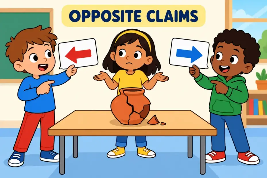 Two cartoon children at a table say opposite things about a broken vase, showing contradict in a sentence as a clash of claims.