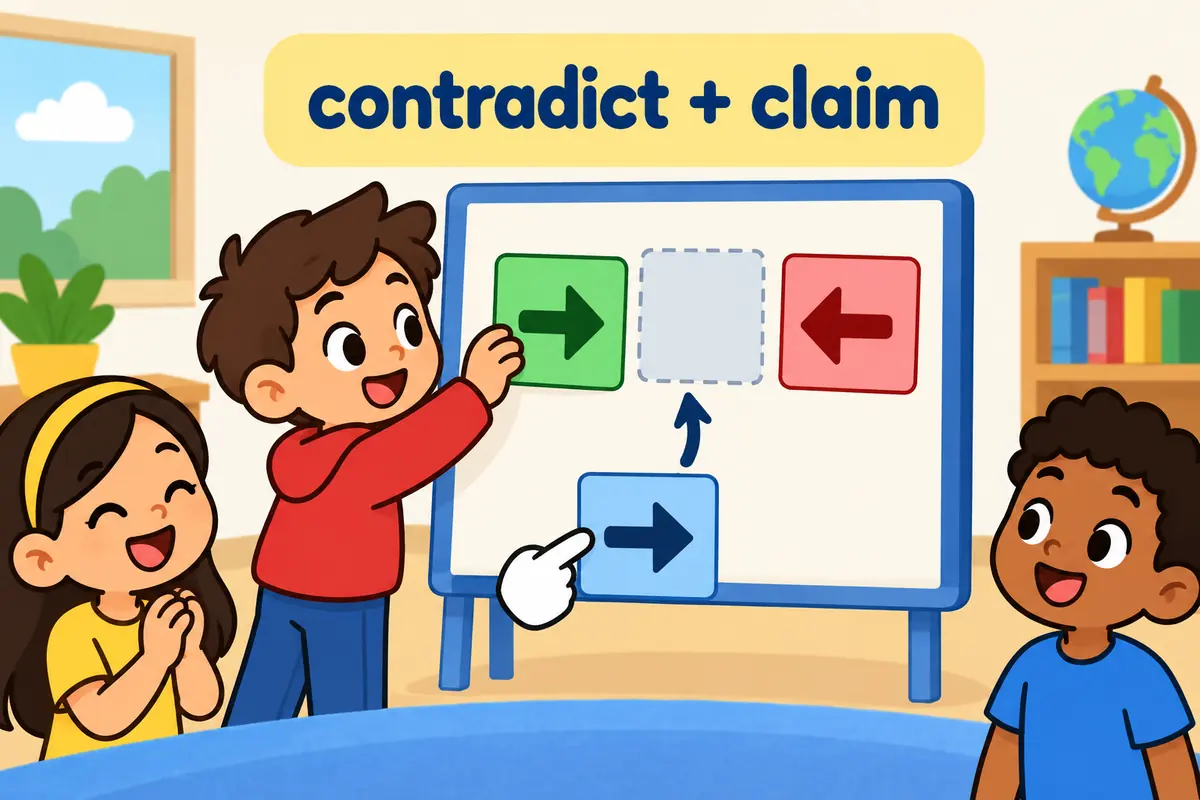 A cartoon child holds a claim card while another card shows the opposite claim beside it.