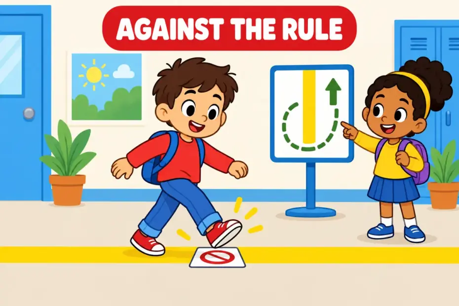 Cartoon child steps across a painted line past a rule card, showing contravene in a sentence as acting against a rule.