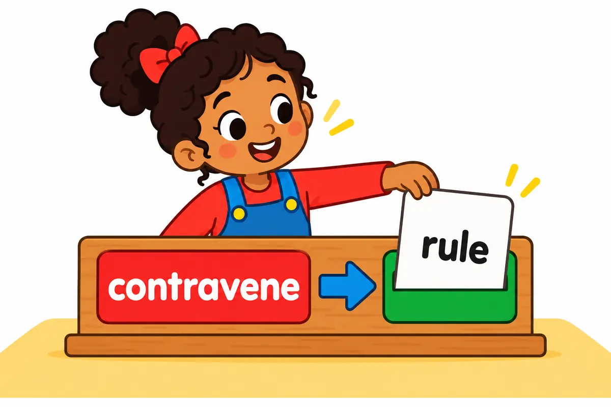 A cartoon child slides a rule card into the object slot of a sentence strip beside the verb contravene.
