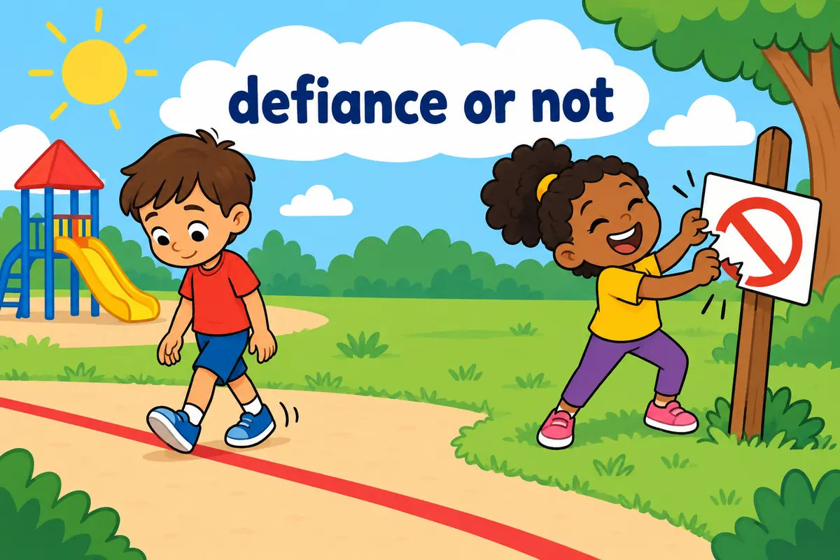 One unified cartoon scene illustrates Contravene simply conflicts with a rule, while flout adds open and deliberate defiance.