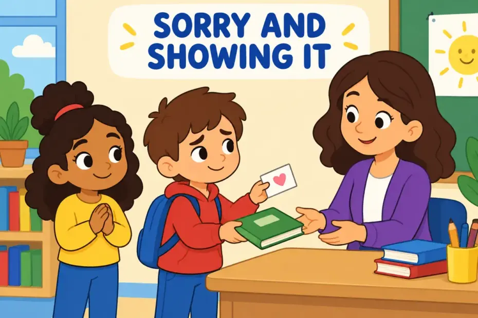 Cartoon child returns a borrowed item with a bowed head and a small apology card, showing contrite in a sentence as sincere regret.