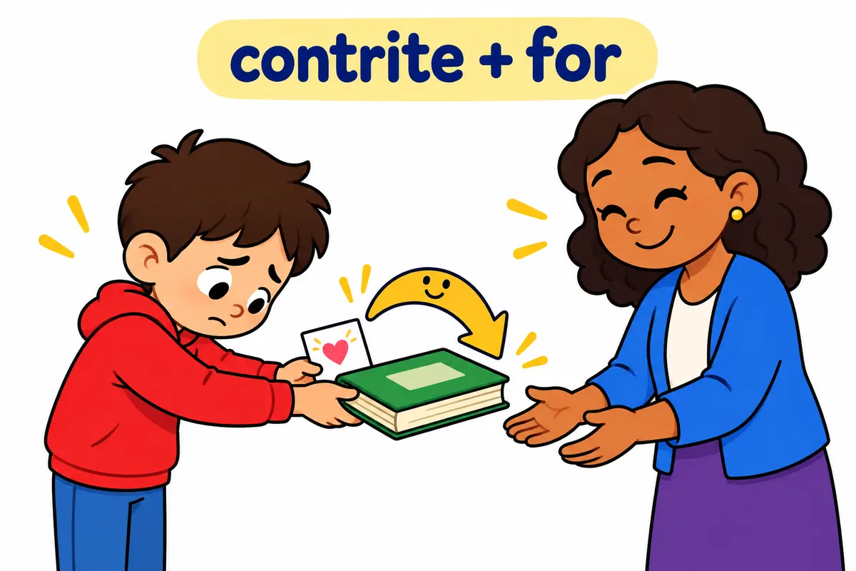 A cartoon child returns a borrowed book with a bowed head and a small apology card.