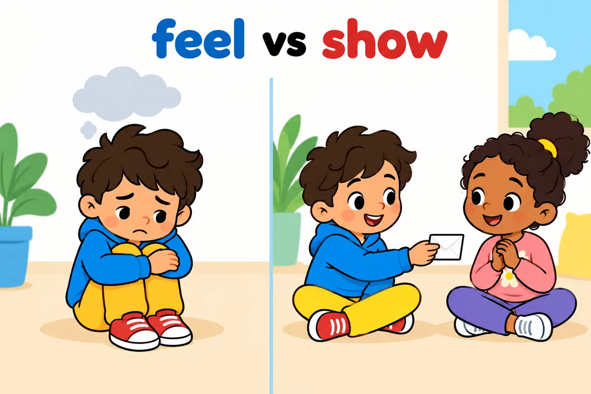 A cartoon split contrasts a private sorrowful face with a child handing over a repair note.
