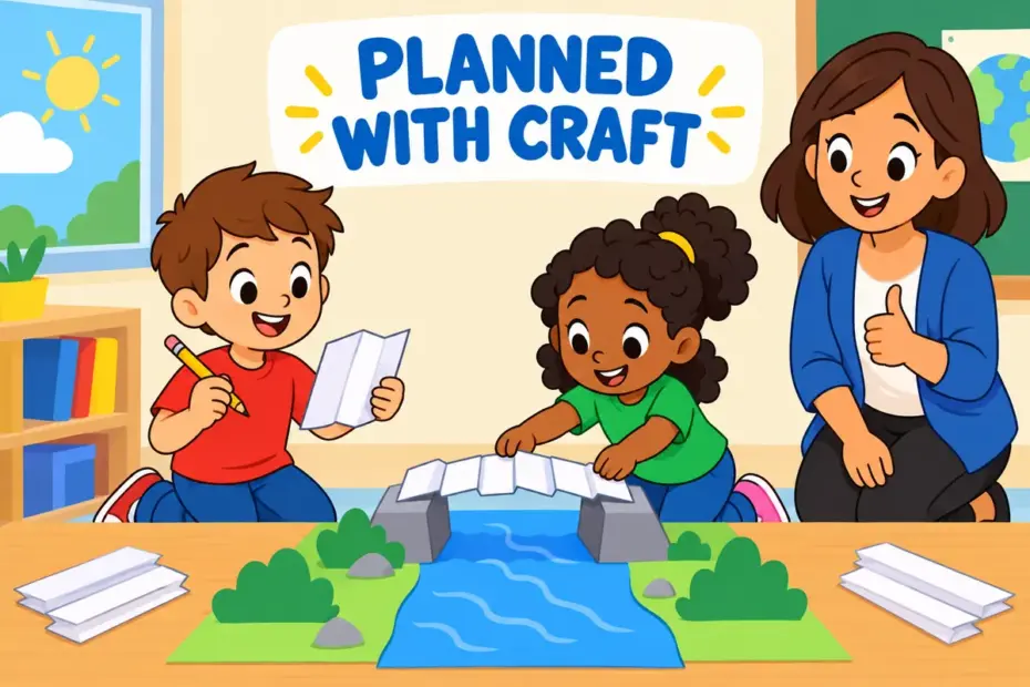 Cartoon pupils build a paper bridge, illustrating contrive in a sentence as arranging something by clever effort.