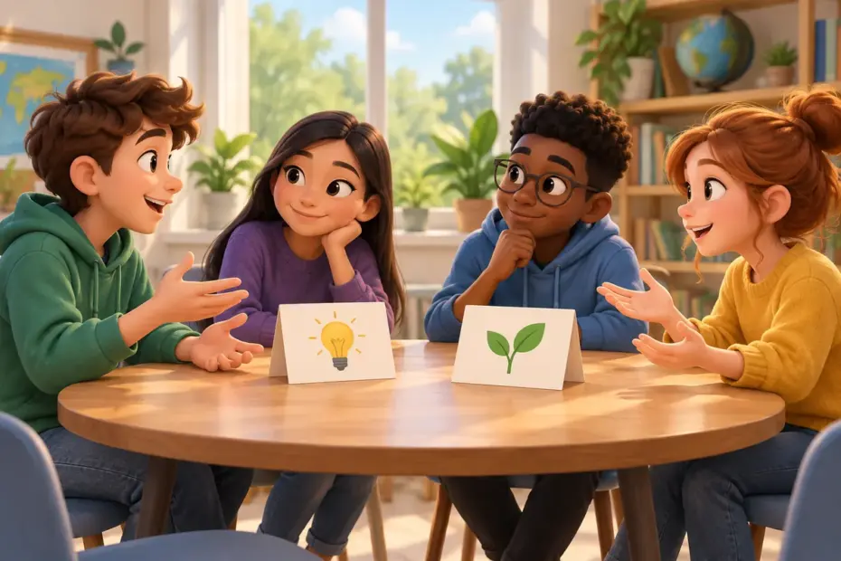 Students discuss differing ideas respectfully around a round table.